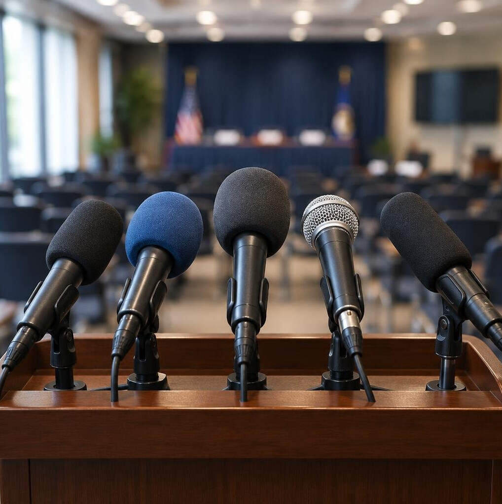 Row of microphones set up for a press conference